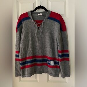 RedBull Crashed Ice Championship Sweater Size L, wool gray with Red & Blue, tie